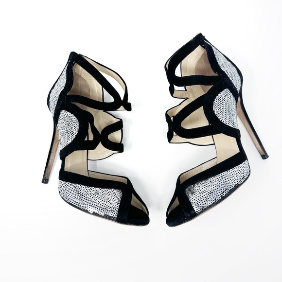 Jimmy Choo Shoes - JIMMY CHOO Silver Sequin Black Suede Cut Out Temptress Stiletto Heels 37.5